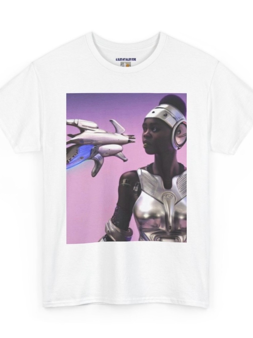 Al Blue designed,Futuristic Silver Armor Graphic Tee - White